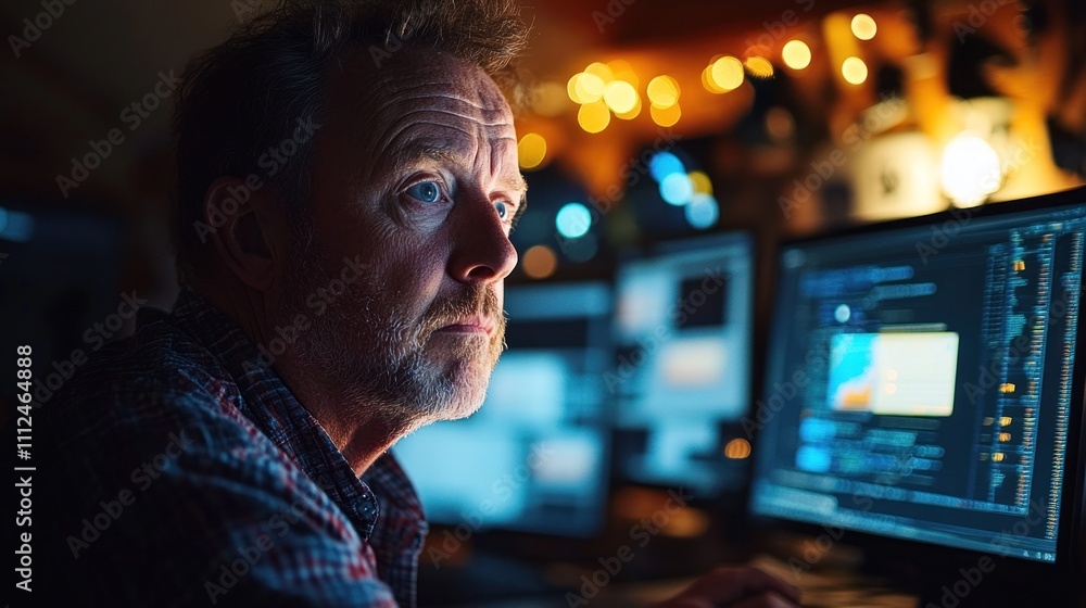 A focused individual working on a computer surrounded by screens and warm lighting. A focused individual working on a computer surrounded by screens and warm lighting.