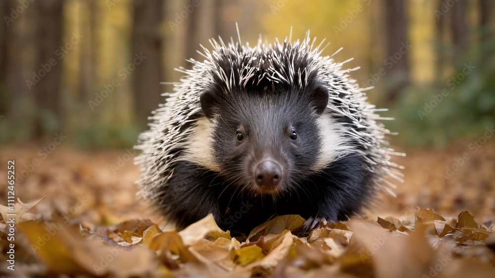 Fototapeta premium Porcupine Foraging for Food Among Autumn Leaves on Forest Floor