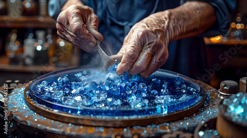 Skilled Artisan Creating Beautiful Blue Glass Gems in Workshop photo