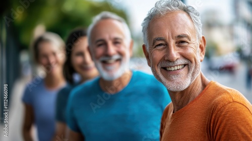 Group of Smiling Older Adults Enjoying Life Outdoors in a Park Setting, Expressing Happiness and Connection, Focus on Joyful Senior Man Wearing Orange Shirt