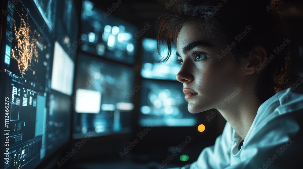 A focused individual analyzes data on multiple screens in a tech-driven environment. A focused individual analyzes data on multiple screens in a tech-driven environment.
