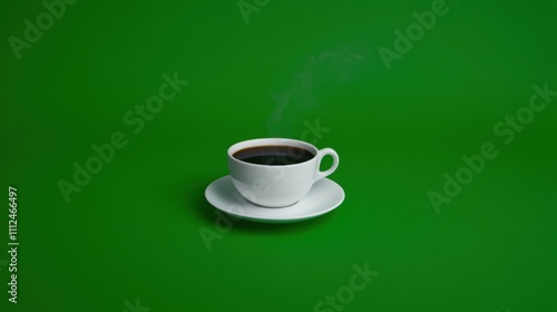 Minimalist steaming cup of black coffee served in a white porcelain cup and saucer, placed on a vibrant green background, emphasizing simplicity, warmth, and elegance.