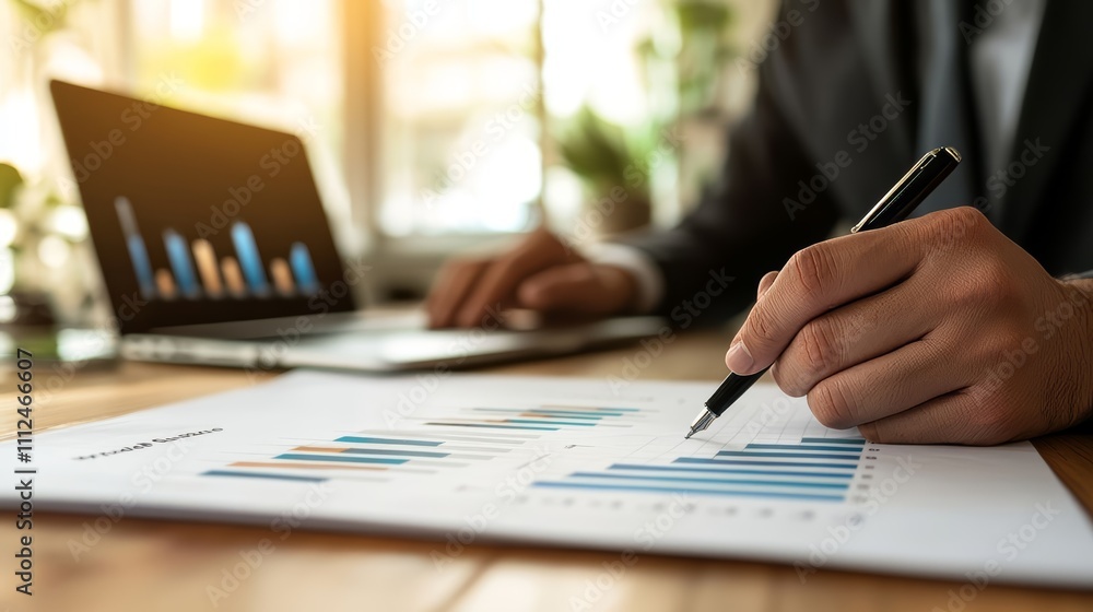 A close-up of an open financial document with graphs and charts, showing a hand holding a pen and pointing at data on the screen, symbolizing high-level business analysis. A close-up of an open financial document with graphs and charts, showing a hand holding a pen and pointing at data on the screen, symbolizing high-level business analysis.