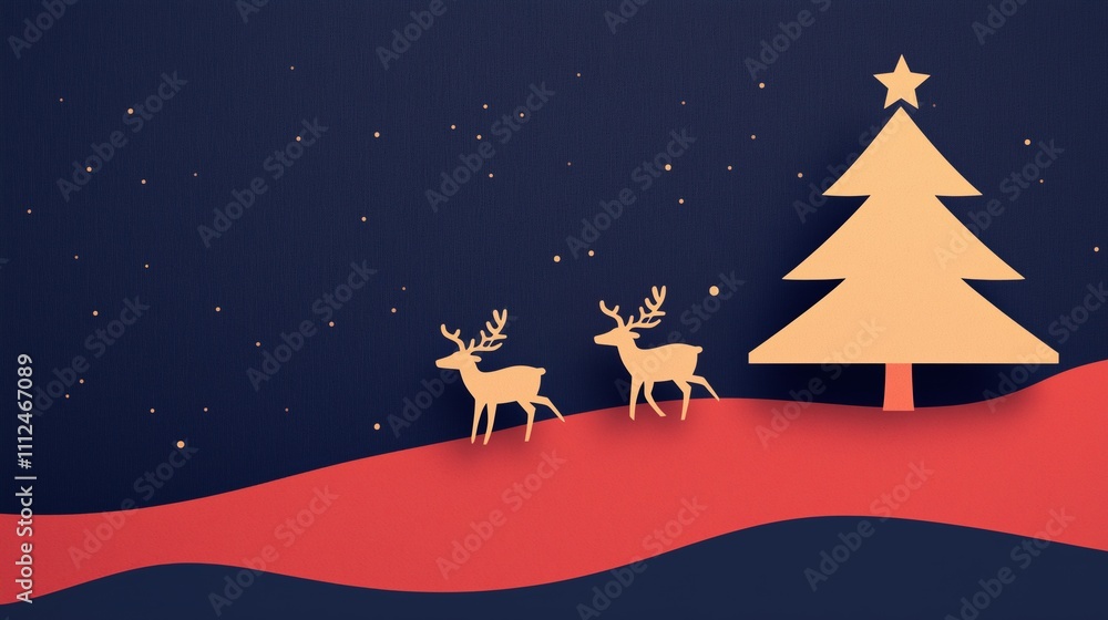 Asymmetrical Christmas Homepage Layout Featuring Reindeer and Stylized Tree on Red and Blue Background with Starry Sky Elements for Modern Holiday-Themed Website Design Asymmetrical Christmas Homepage Layout Featuring Reindeer and Stylized Tree on Red and Blue Background with Starry Sky Elements for Modern Holiday-Themed Website Design
