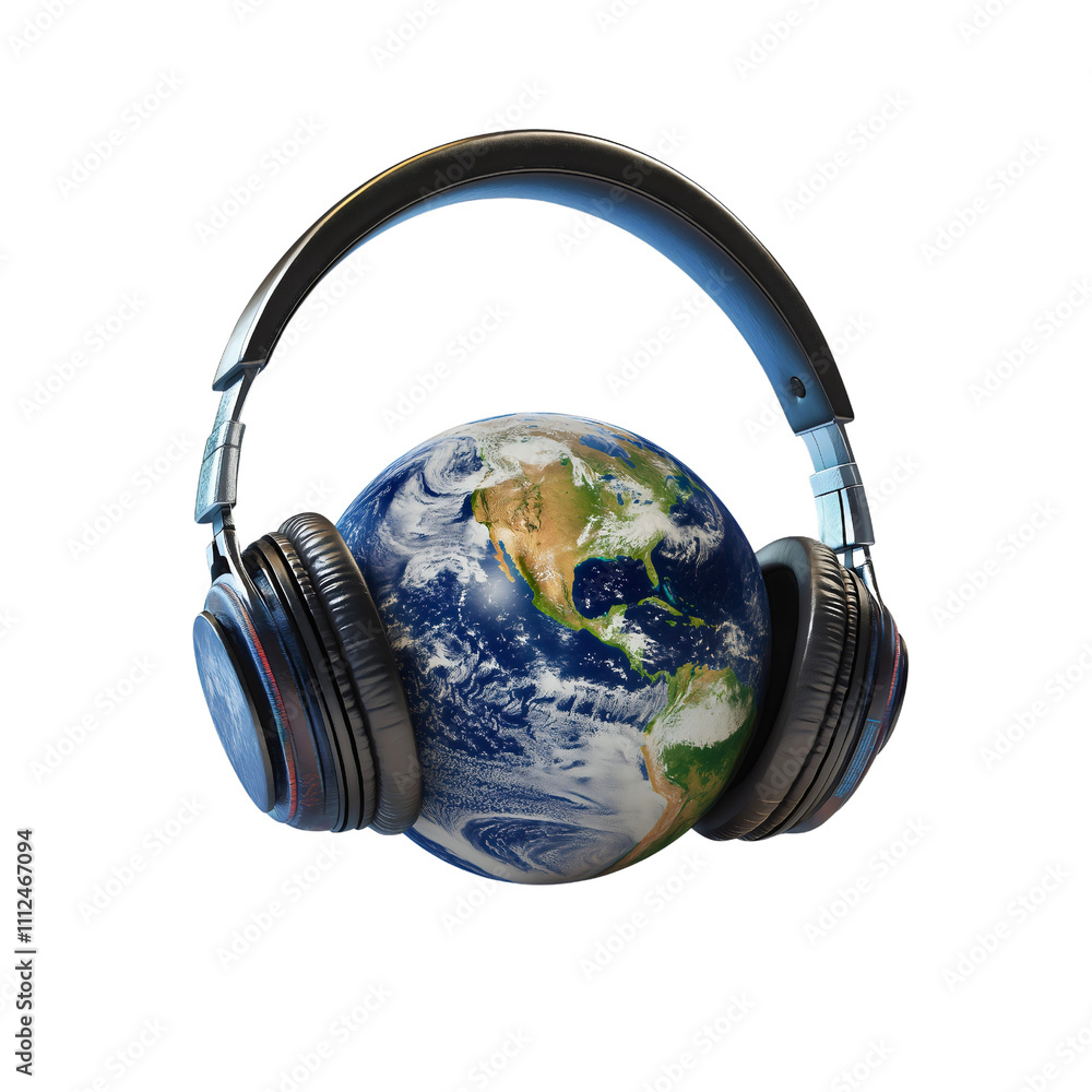 Globe with headphones icon design, international communication and translation concept, digital education and global language learning symbol Globe with headphones icon design, international communication and translation concept, digital education and global language learning symbol