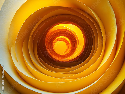 Bright yellow abstract circular layers forming a tunnel-like pattern, illuminated by soft lighting photo