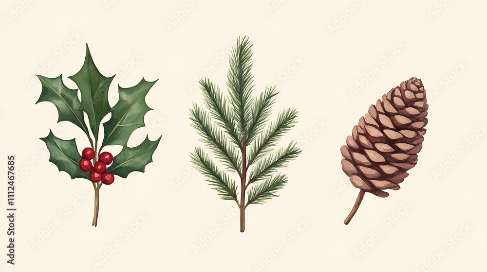 Botanical Illustrations of Holly Leaves, Pine Branch, and Pine Cone Isolated on Beige Background for Nature-Inspired Holiday and Seasonal Decor Design With Detailed Artistic Rendering Botanical Illustrations of Holly Leaves, Pine Branch, and Pine Cone Isolated on Beige Background for Nature-Inspired Holiday and Seasonal Decor Design With Detailed Artistic Rendering