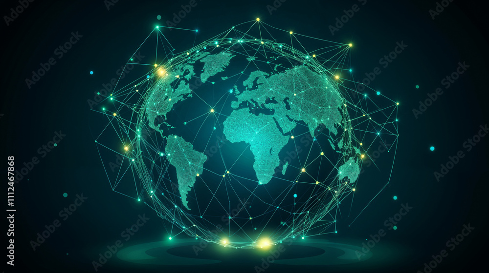 Digital world map with glowing network connections on dark background Digital world map with glowing network connections on dark background