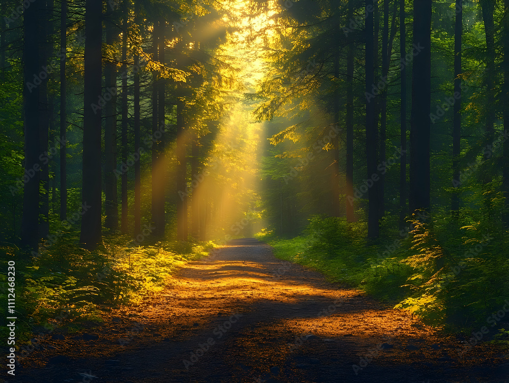 Obraz premium A tranquil forest path surrounded by lush green trees and ferns, illuminated by golden sunlight breaking through the morning mist