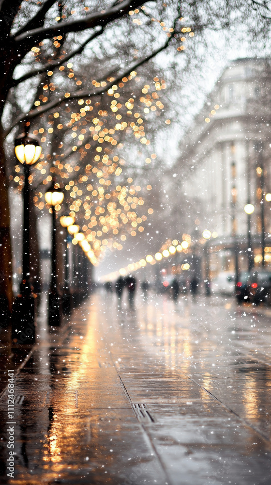 Snowy street with glowing lights and reflections on wet pavement Snowy street with glowing lights and reflections on wet pavement