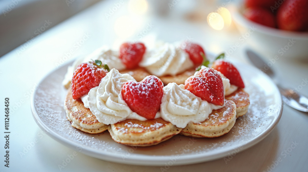 Heart-shaped pancakes with strawberries and whipped cream Heart-shaped pancakes with strawberries and whipped cream