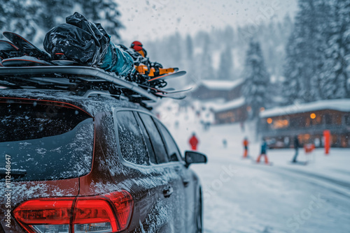 Snowy adventures await with a travel car ready for skiing fun photo