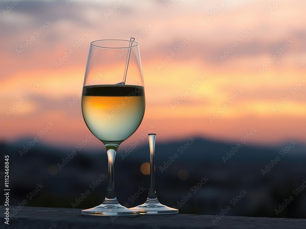 Obraz premium A crystal glass of white wine is positioned against the soft pastels of a sunset-lit evening , sophistication, crystal, sunset colors