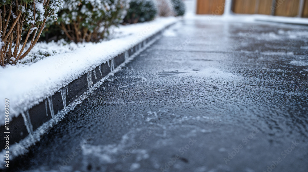 Obraz premium Frozen sidewalk with icy patches in residential area