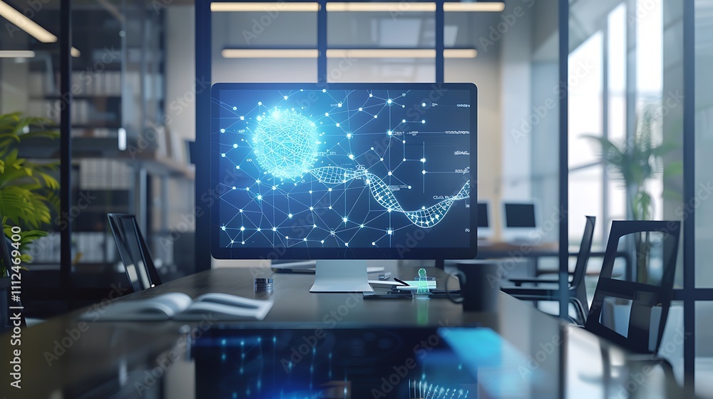A holographic display of a DNA double helix hovering above a minimalist desk, surrounded by sleek gadgets A holographic display of a DNA double helix hovering above a minimalist desk, surrounded by sleek gadgets