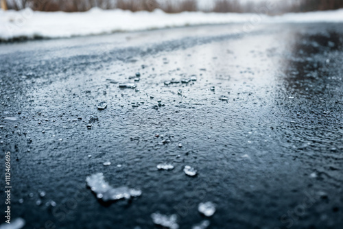 Close-up of icy road with melting snow in winter season