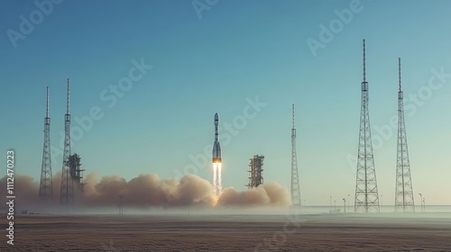 Aerospace technology, exploring the moon and Mars, a rocket takes off from a launch pad next to an azure sky in the background.