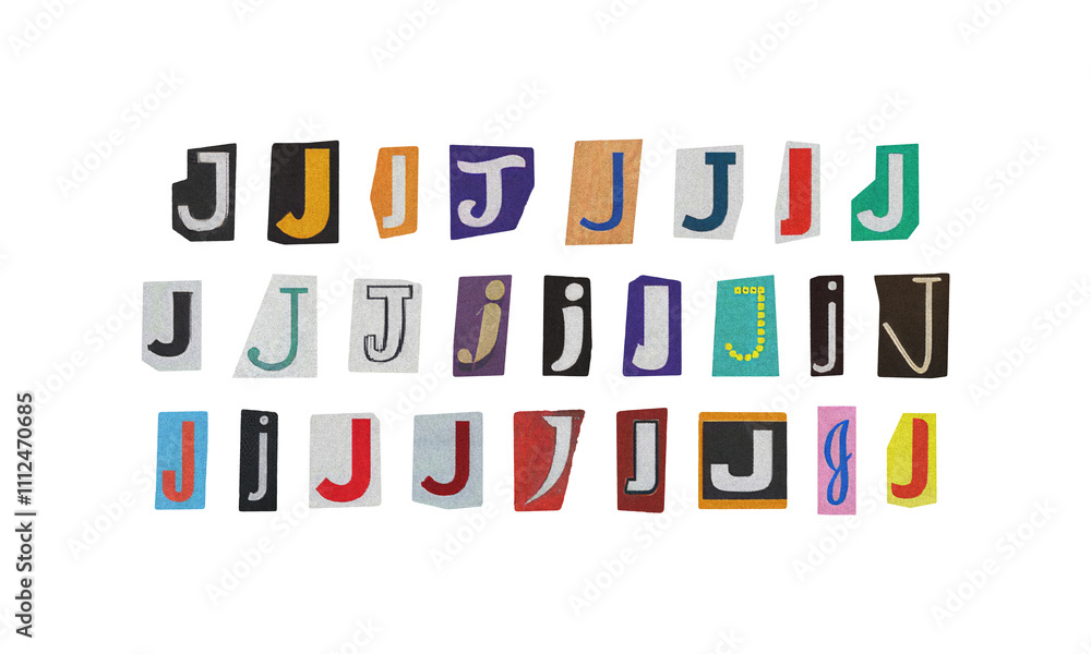 Set of cut-out letter “J” from magazines on a transparent background, retro y2k ransom font style Set of cut-out letter “J” from magazines on a transparent background, retro y2k ransom font style