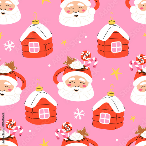 Seamless vector pattern with hand drawn santa mug of hot cocoa and Christmas tree toy house. Flat cartoon winter background Perfect for textile, wallpaper or print design.