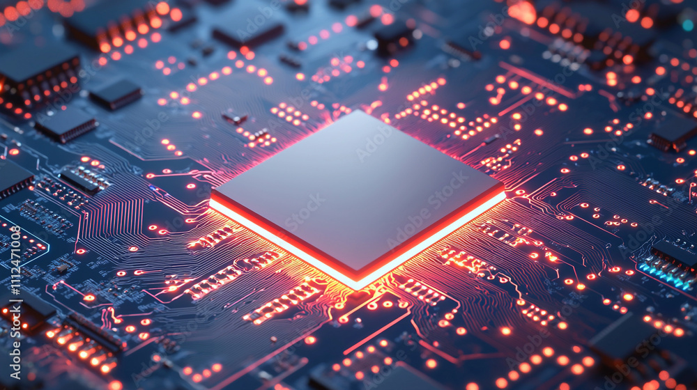 Close-up view of a glowing circuit board with a central microchip, highlighting modern electronic technology components. Close-up view of a glowing circuit board with a central microchip, highlighting modern electronic technology components.