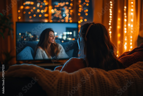 Couple shares a cozy virtual date night while enjoying city lights photo