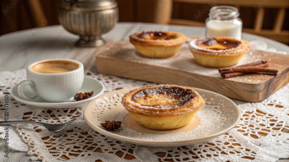 Delicious Portuguese Pastel de Nata with Coffee on Delicate Tableware Delicious Portuguese Pastel de Nata with Coffee on Delicate Tableware