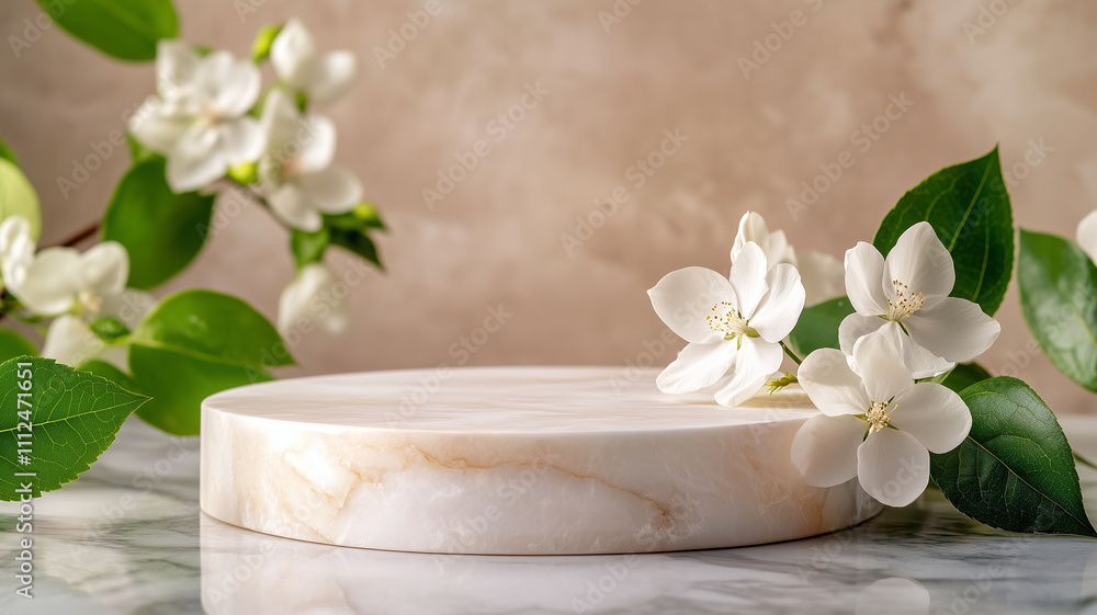 Elegant Marble Podium with White Flowers and Green Leaves Elegant Marble Podium with White Flowers and Green Leaves