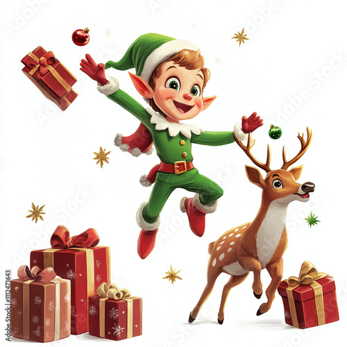 stylized illustration for the design of a Christmas New Year postcard, elf and reindeer Rudolph with gifts on a white background