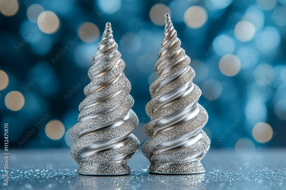 Obraz premium Christmas Tree Toy and Blue Bokeh Background with Silver Glitter Decoration on Shiny Festive Table, New Year Celebration Concept