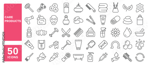 Set of 50 line icons related to care products, hyaluronic, moisture, cream, serum, ceramide, collagen, supplements, acid, Editable stroke. Vector illustration