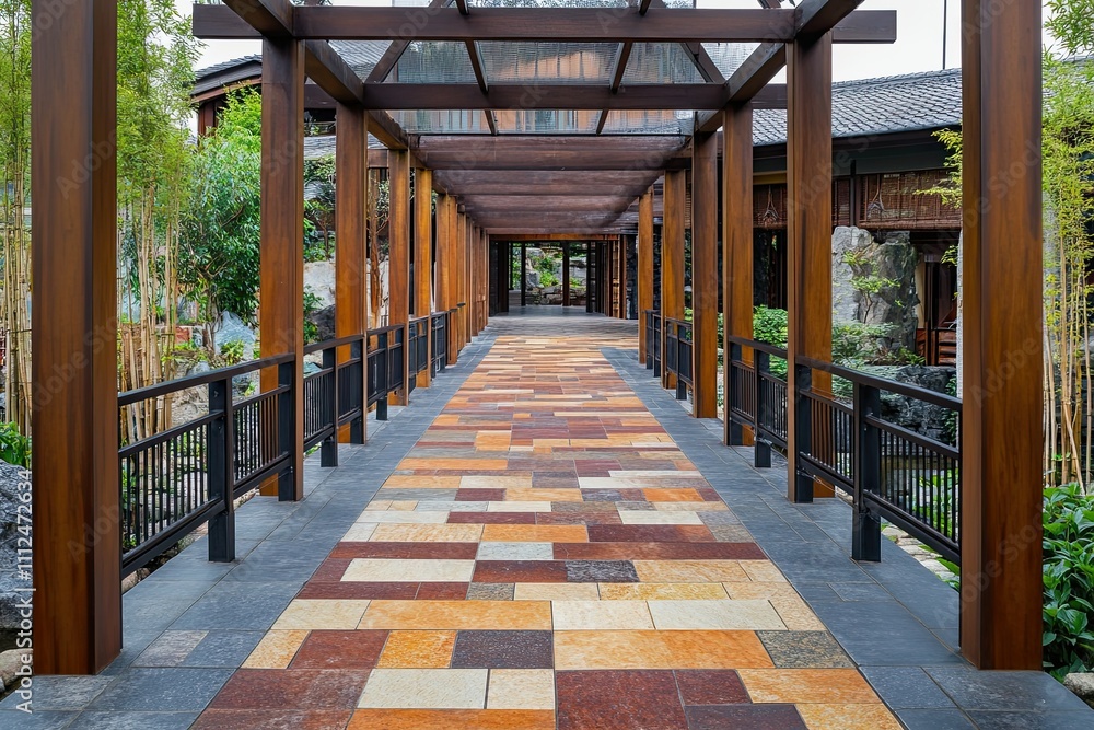 elegant paving stones pedestrian bridge covered with dark red and gold wooden shiny in lodge buildings elegant paving stones pedestrian bridge covered with dark red and gold wooden shiny in lodge buildings