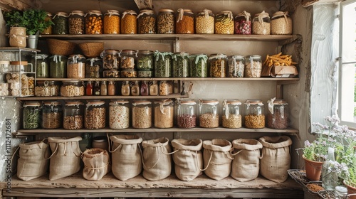Wallpaper Mural Rustic pantry shelves filled with glass jars of preserved food and burlap sacks of grains. Torontodigital.ca