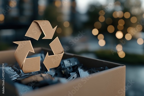 This image captures a box filled with electronic parts, prominently displaying a recycling symbol, inviting viewers to consider the importance of responsible e-waste disposal and recycling. photo