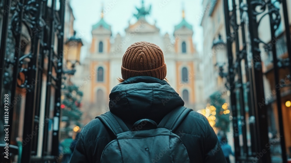 A person stands before a grand building, framed by ornate gates in a city setting. A person stands before a grand building, framed by ornate gates in a city setting.