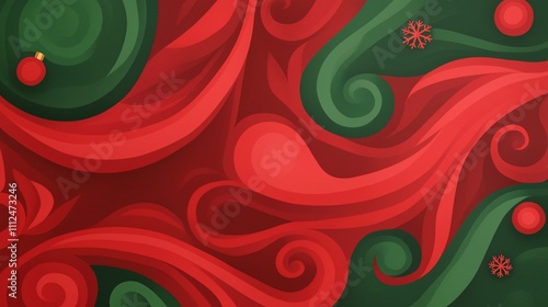 Vibrant Christmas Swirling Abstract Pattern in Red and Green with Snowflakes and Ornaments for Festive Holiday Designs photo