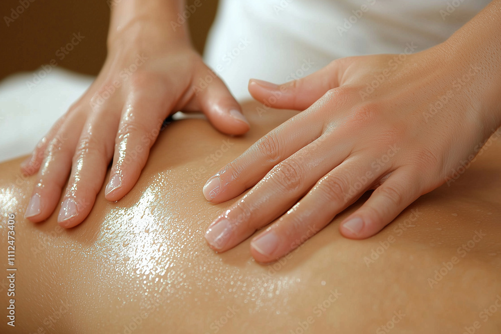 Smoothing oil into skin during relaxing massage, showcasing hands and glistening texture Smoothing oil into skin during relaxing massage, showcasing hands and glistening texture