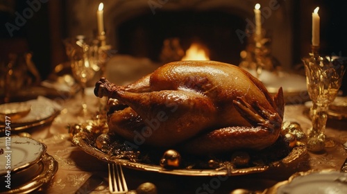 Roasted Turkey on Festive Table