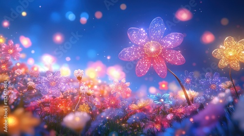 A vibrant field of glowing flowers under a dreamy, colorful sky.