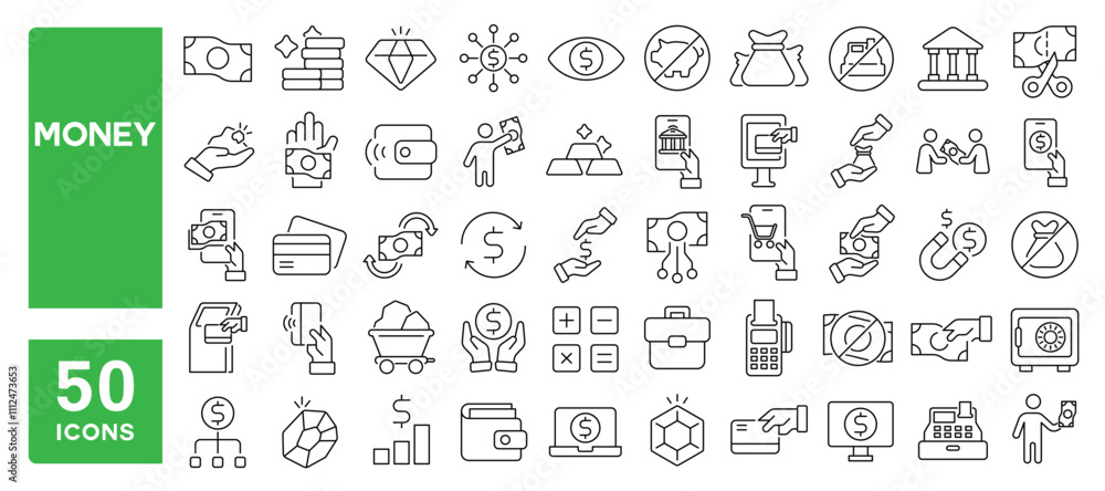 Set of 50 line icons related to money, pay, payment, funds, cash, card, wealth, savings, stack, wallet, gold, coin, Editable stroke. Vector illustration Set of 50 line icons related to money, pay, payment, funds, cash, card, wealth, savings, stack, wallet, gold, coin, Editable stroke. Vector illustration