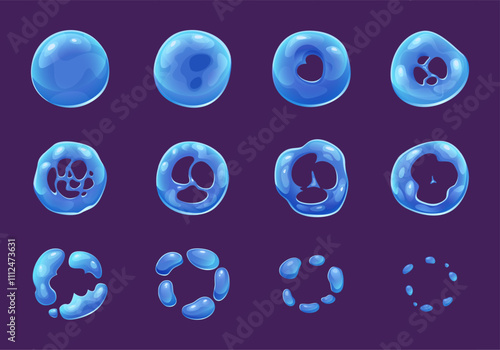 Bubble foam. Cartoon key frame 2d animation of blowing flowing and explosion transparent soap bubble exact vector templates assets for game design