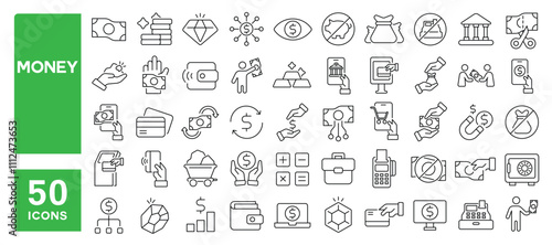 Set of 50 line icons related to money, pay, payment, funds, cash, card, wealth, savings, stack, wallet, gold, coin, Editable stroke. Vector illustration