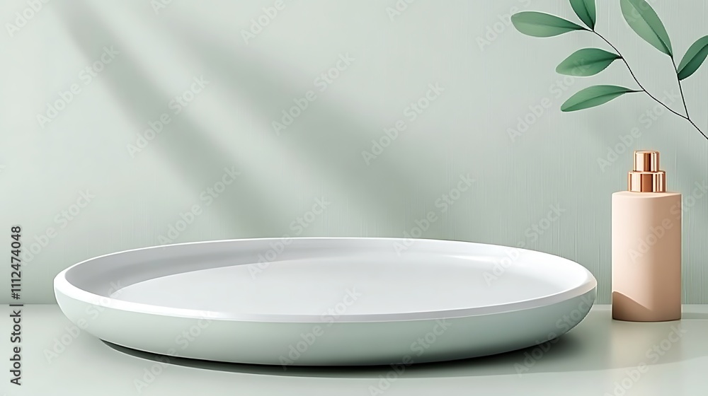 A White Round Platform with a Bottle and Green Leaves on a Light Green Background A White Round Platform with a Bottle and Green Leaves on a Light Green Background