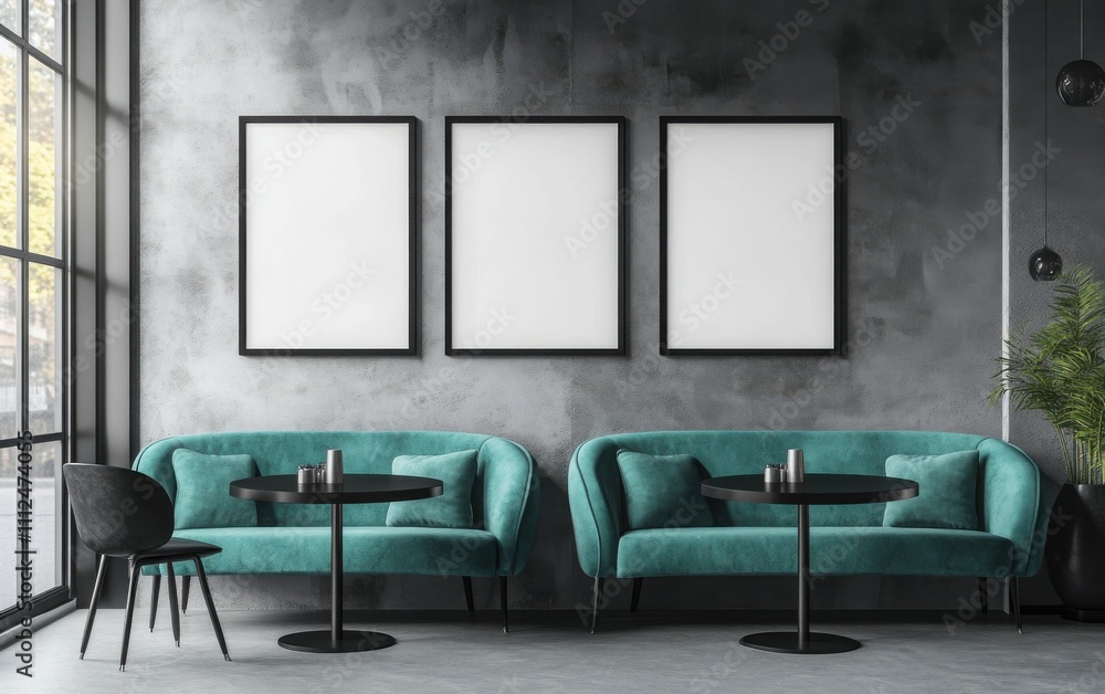 A detailed, high-resolution image of a café © interior showcasing a turquoise velvet sofa, black round tables, and two vertical blank poster frames on the wall. A detailed, high-resolution image of a café © interior showcasing a turquoise velvet sofa, black round tables, and two vertical blank poster frames on the wall.