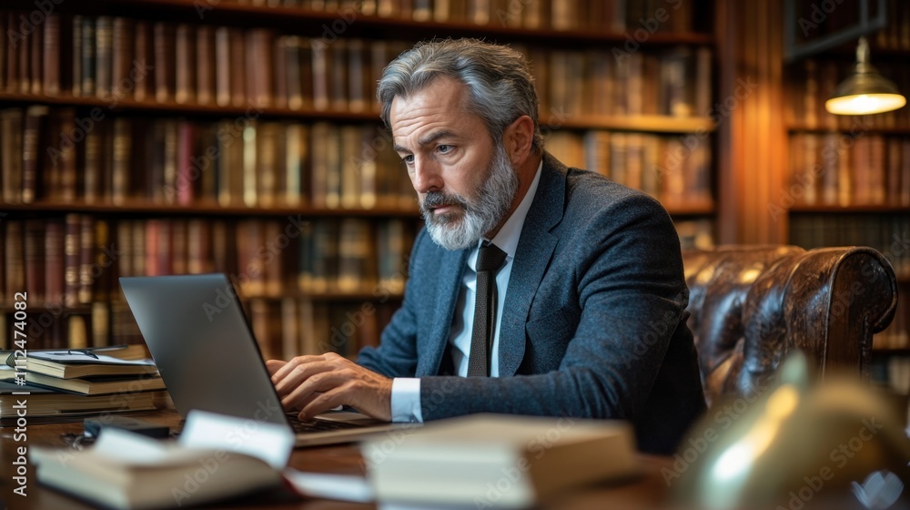 A mature man working on a laptop in a library setting, surrounded by books. A mature man working on a laptop in a library setting, surrounded by books.