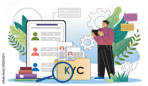 Know your customer. Man with KYC system. Company identity. Analyst conducting marketing research. Entrepreneur and investor. Flat vector illustration
