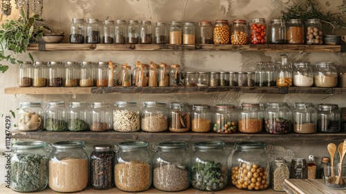 Rustic shelves filled with glass jars of various spices, herbs, and grains.