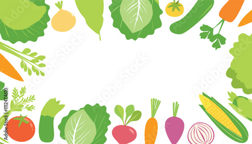 A vibrant illustration of fresh vegetables like carrots, zucchini, potatoes, avocados, and leafy greens, arranged in a frame on a white background. Copy space