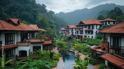 Scenic resort nestled in lush greenery with modern architecture and tranquil waterways.