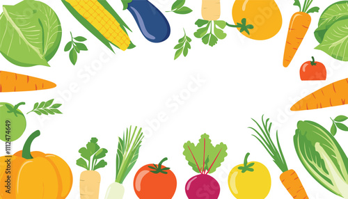 A vibrant illustration of fresh vegetables like carrots, zucchini, potatoes, avocados, and leafy greens, arranged in a frame on a white background. Copy space