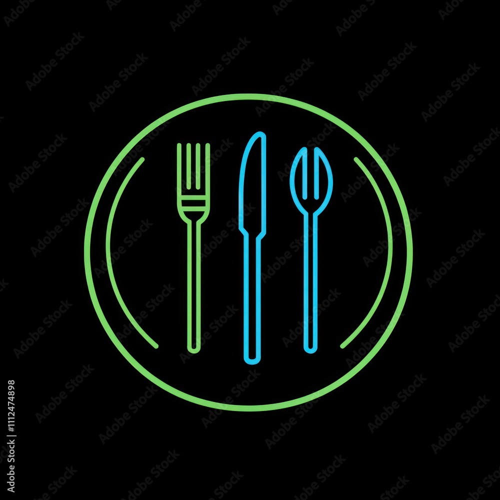 Neon green and blue cutlery on a plate icon. Neon green and blue cutlery on a plate icon.